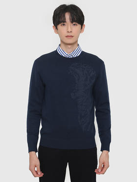 callisto深蓝色丝羊毛提花圆领图案毛衣 FRKNW016C