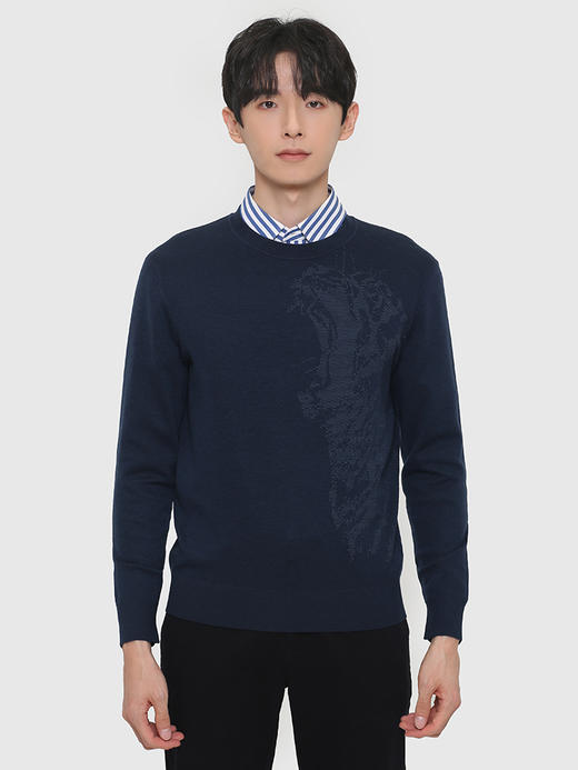 callisto深蓝色丝羊毛提花圆领图案毛衣 FRKNW016C 商品图0