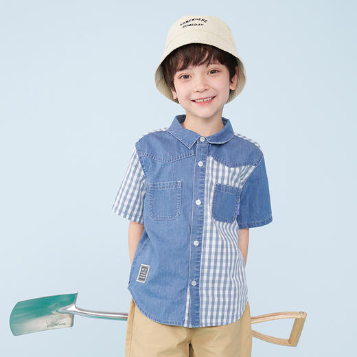 mettekids儿童短袖牛仔衬衫夏季男童纯棉衬衣中大童休闲撞色上衣 商品图1