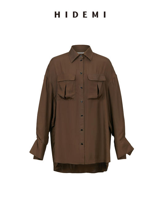 HIDEMI口袋工装感极简大廓形慵懒醋酸套装 衬衫/长裤 巧克力色/香草燕麦 商品图13