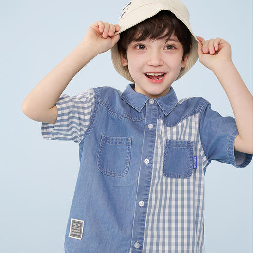 mettekids儿童短袖牛仔衬衫夏季男童纯棉衬衣中大童休闲撞色上衣 商品图2