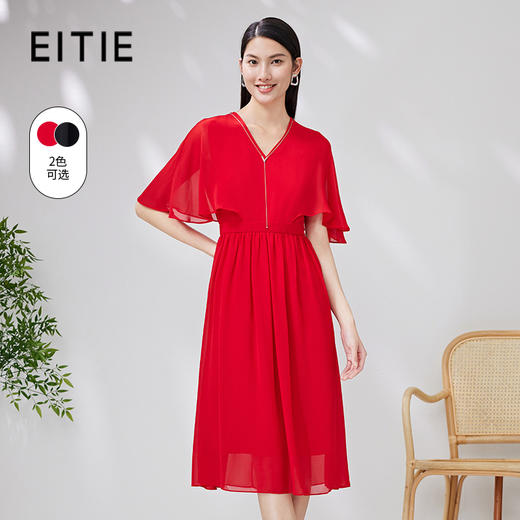 EITIE爱特爱夏款新品优雅V领飞袖显瘦高腰连衣裙7007765 商品图0
