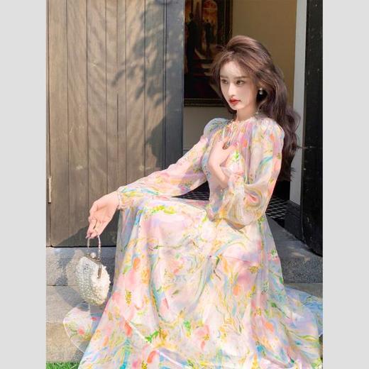 【花艺美术馆】轻奢高端气质100桑蚕丝碎花连衣裙2023春新款 商品图3