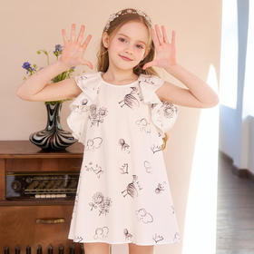 mettekids女童连衣裙夏季女孩白色印花公主裙儿童洋气纯棉裙子