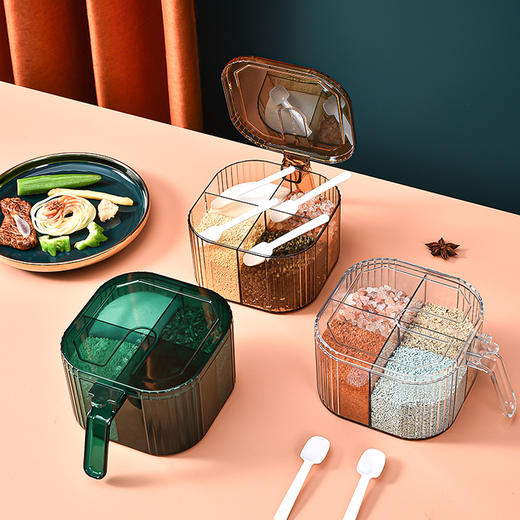 「三色可选！四分格调味盒」一体多格家用厨房用品透明调料盒盐味精佐料调味罐组合套装 商品图2