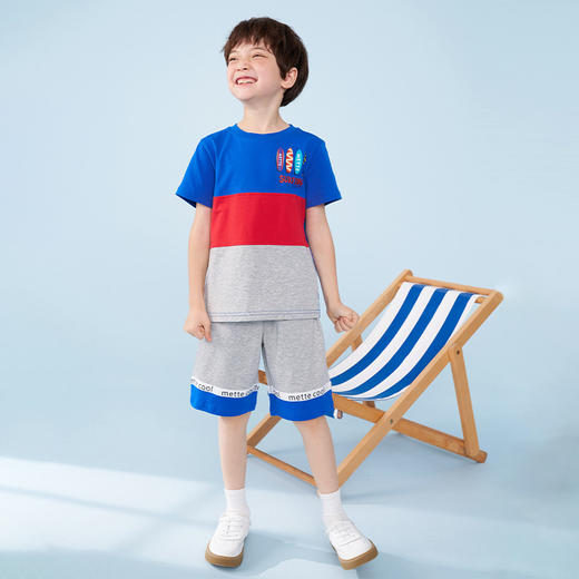 mettekids男童套装夏季儿童撞色短袖t恤中大童休闲运动短裤童装 商品图0