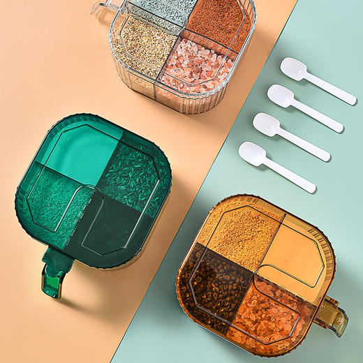 「三色可选！四分格调味盒」一体多格家用厨房用品透明调料盒盐味精佐料调味罐组合套装 商品图3