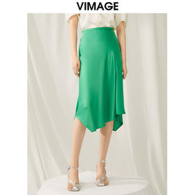 VIMAGE纬漫纪夏季新款高腰中长款过膝优雅高贵不规则缎半身裙V1906513