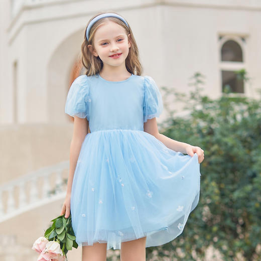 mettekids女童连衣裙夏季儿童网纱公主裙大童洋气时髦天蓝色裙子 商品图1