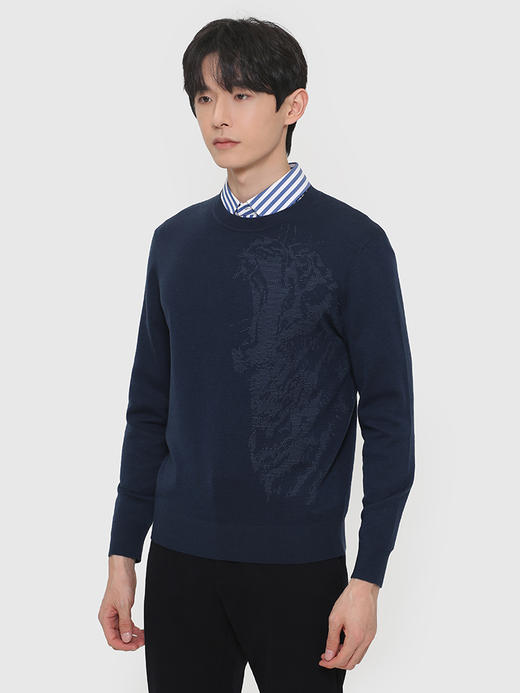 callisto深蓝色丝羊毛提花圆领图案毛衣 FRKNW016C 商品图1