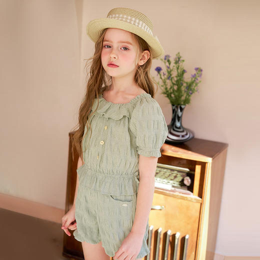 mettekids女童套装夏季女孩绿色格纹短袖t恤上衣儿童休闲短裤童装 商品图2