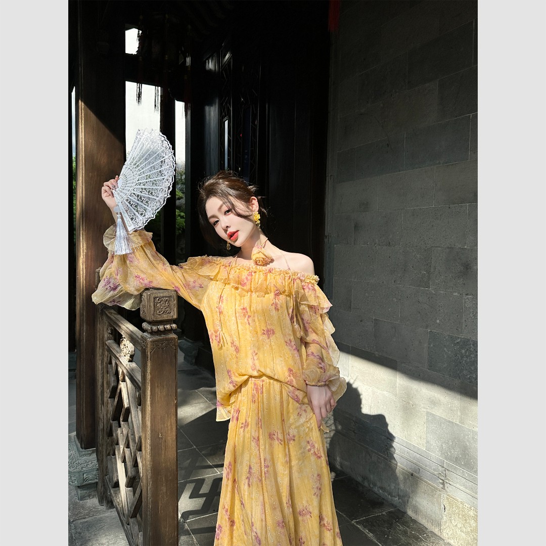 BeQueenStory【鎏金花影】高端一字肩真丝桑蚕丝时尚套装2023春季新款女