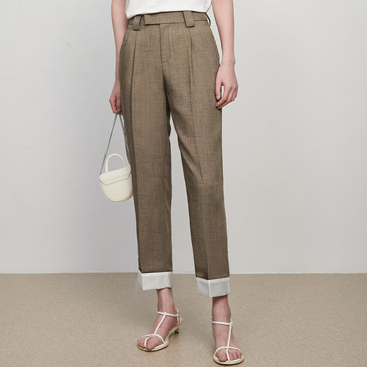 IN AND ON52186新款醋酸质感翻边休闲裤女高腰显瘦百搭锥型裤通勤 商品图0