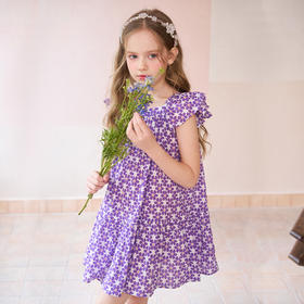mettekids女童连衣裙夏季儿童紫色纯棉公主裙中大童洋气时髦裙子