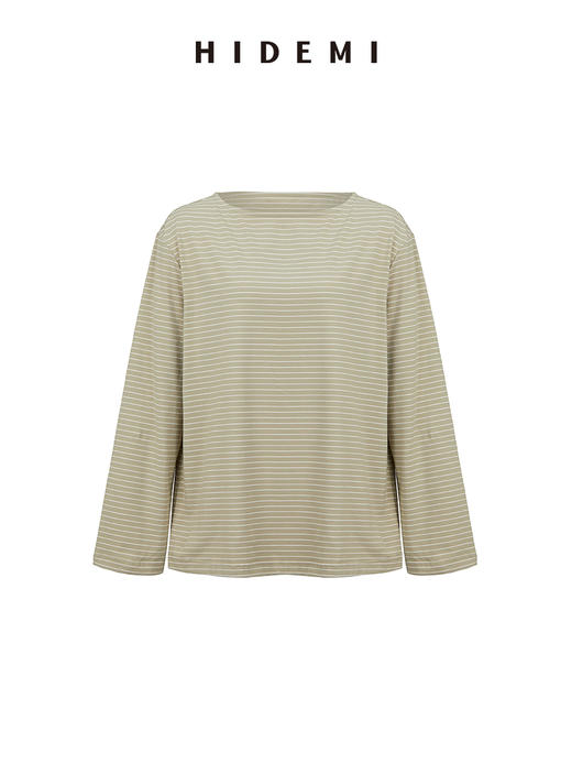 HIDEMI 海军条纹一字领长袖T恤 抹茶绿底/白底 商品图10