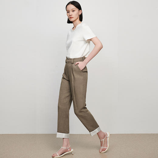 IN AND ON52186新款醋酸质感翻边休闲裤女高腰显瘦百搭锥型裤通勤 商品图2