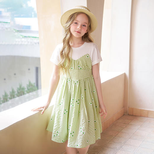 mettekids女童连衣裙夏季洋气时髦公主裙童装儿童短袖绿格裙子 商品图1