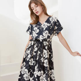 【纯棉印花连衣裙】23年春夏新品女士中长款连衣裙时尚V领系带裙子