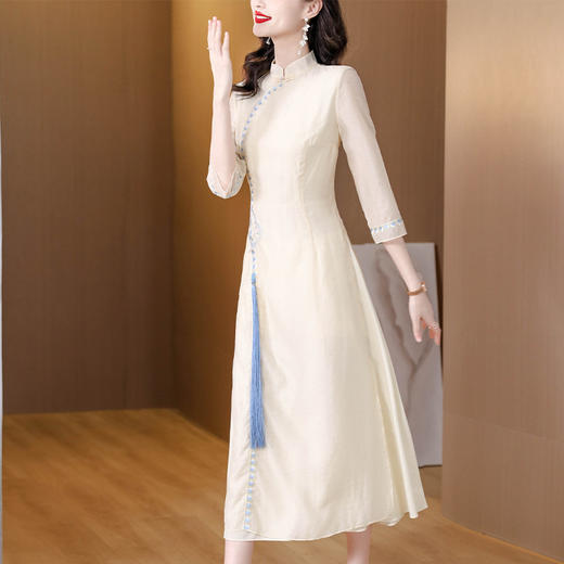 ZFNOLZ2262 2023夏季新款中式复古立领改良汉服连衣裙中国风绣花流苏旗袍长裙 商品图1