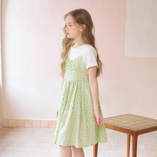 mettekids女童连衣裙夏季洋气时髦公主裙童装儿童短袖绿格裙子 商品图0