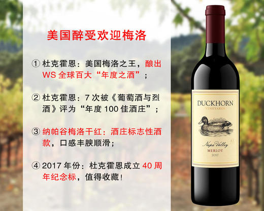 【最后1瓶，售完无补】美国纳帕醉强梅洛：杜克霍恩（鸭子）酒庄纳帕谷梅洛旗舰干红（2019年） 商品图0