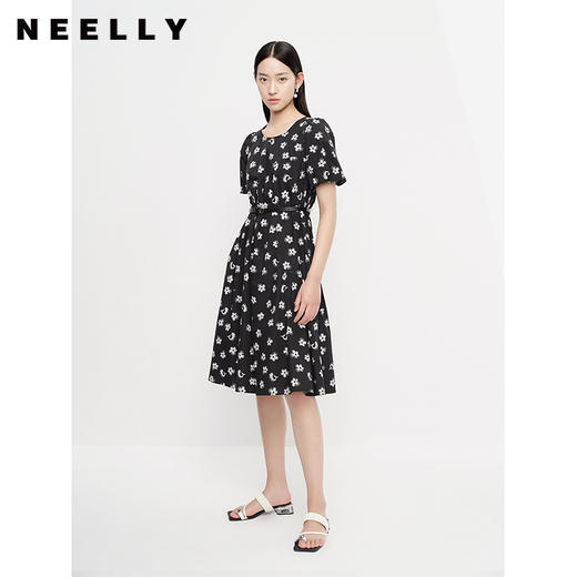 NEELLY纳俪商场同款碎花连衣裙女泡泡袖收腰A字裙中长款夏季新款N23043Y01092 商品图2