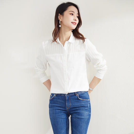 【100棉】罗蒙春夏长袖衬衫女士宽松版休闲百搭刺绣拼接纯棉衬衣女 商品图5