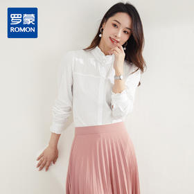 【100棉】罗蒙春夏拼接款花边立领长袖衬衫女士休闲时尚纯棉衬衣