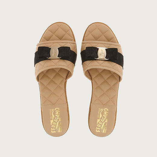 FERRAGAMO 菲拉格慕 女士皮革 VARA 蝴蝶结拖鞋 卡其色 754668 商品图1