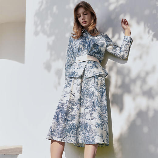【水墨印花套装】23年春夏新品女士棉质衬衫中长款印花半裙 商品图0