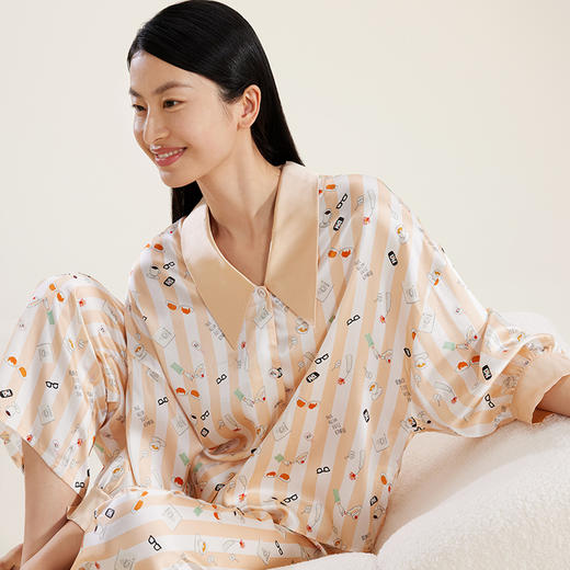 金三塔真丝 趣味条纹 蝙蝠袖两件套 真丝睡衣女100%桑蚕丝条纹印花家居服   YSFCA217 商品图1