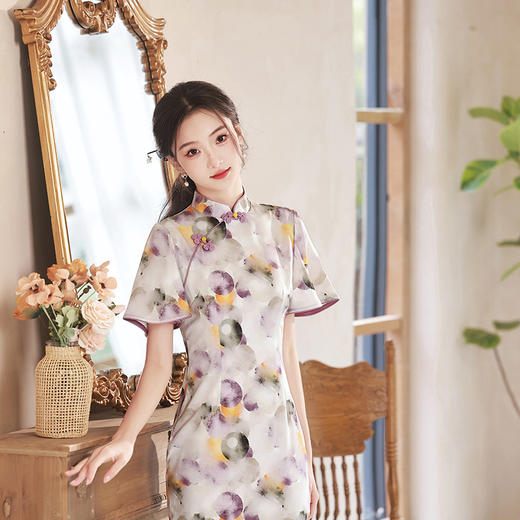 春夏新款，印花修身提花丝绸中长款旗袍XL-23133 商品图0