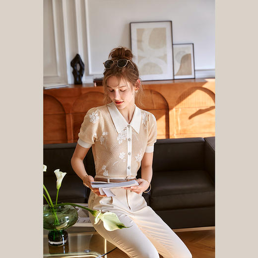 欧芮儿翻领提花针织衫女夏2021新款宽松显瘦气质优雅薄款短袖开衫 商品图2