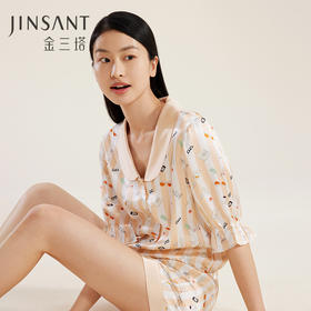 金三塔真丝 趣味条纹 短袖两件套睡衣女100%桑蚕丝印花家居服  YSFCA409