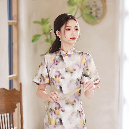 春夏新款，印花修身提花丝绸中长款旗袍XL-23133 商品图2