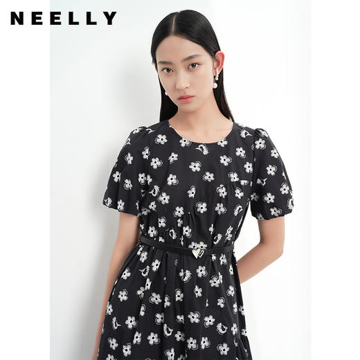 NEELLY纳俪商场同款碎花连衣裙女泡泡袖收腰A字裙中长款夏季新款N23043Y01092 商品图1