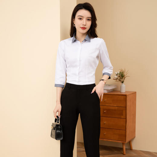 【拼色设计】罗蒙夏季短袖衬衫女士修身显瘦商务通勤撞色气质衬衣 商品图2