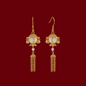 古法金镶和田玉复古亭子耳钉