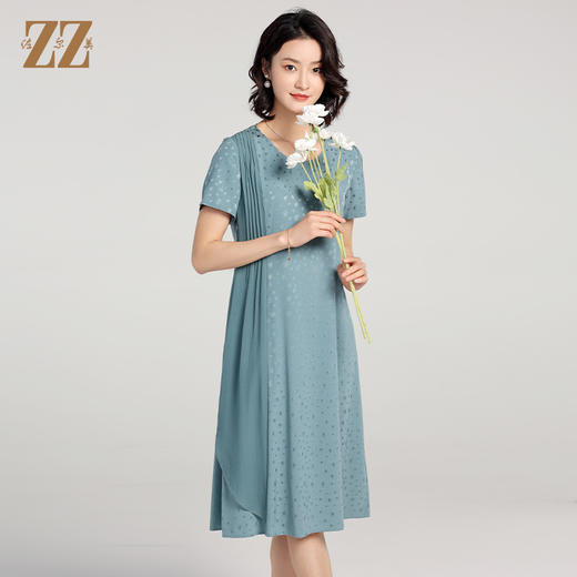 佐尔美夏季新款 提花缎桑蚕丝真丝短袖圆领小碎花连衣裙女E22LS31 商品图0