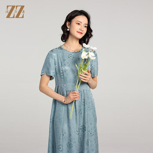 佐尔美夏季新款 花罗提花桑蚕丝真丝碎花圆领短袖连衣裙女E22LS33 商品图0