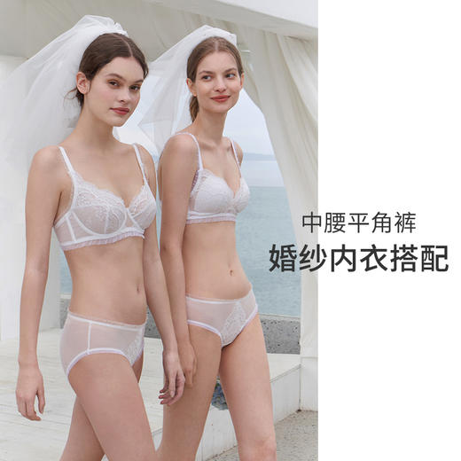 HSIA遐中腰平角裤刺绣蕾丝拼接星点网纱性感舒适纯棉裆底内裤女【婚纱·听海】 商品图1