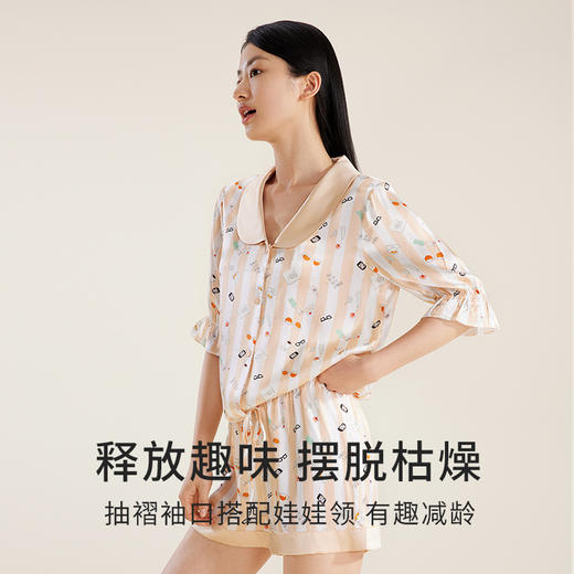 金三塔真丝 趣味条纹 短袖两件套睡衣女100%桑蚕丝印花家居服  YSFCA409 商品图2