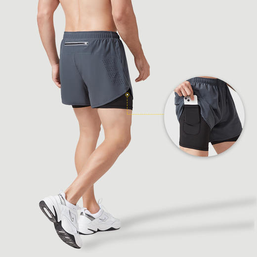 【男士假两件紧身长短裤】- 速干透气后腰口袋反光跑步运动健身长裤 商品图5
