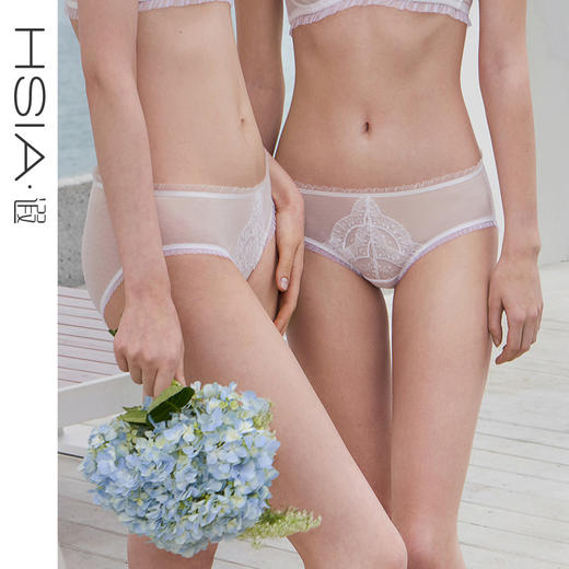 HSIA遐中腰平角裤刺绣蕾丝拼接星点网纱性感舒适纯棉裆底内裤女【婚纱·听海】 商品图0