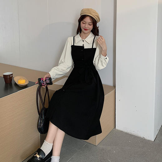 爆款秋冬假两件长袖法式连衣裙女宽松显瘦赫本风衬衫拼接背带裙子 商品图1