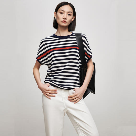IN AND ON53306 短袖t恤女士2023 夏季新款莱赛尔条纹宽松百搭上衣 商品图1