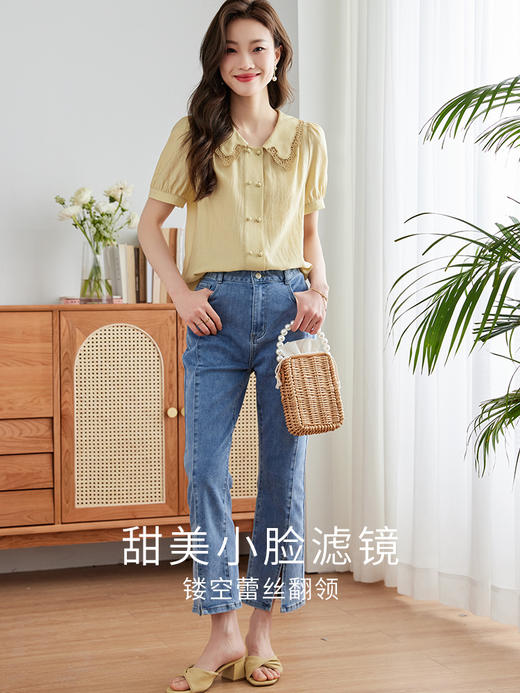 【618秒杀】熙世界醋酸混纺缎面泡泡袖衬衫女设计感蕾丝翻领小衫2025夏装新款 商品图6