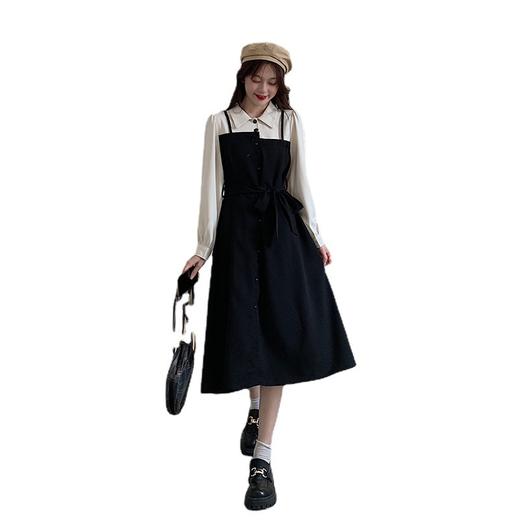 爆款秋冬假两件长袖法式连衣裙女宽松显瘦赫本风衬衫拼接背带裙子 商品图4