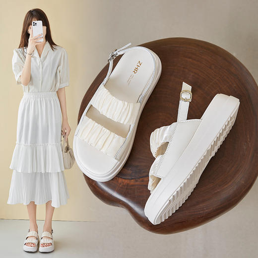 ZHR厚底凉鞋女2023新款夏季褶皱软底松糕鞋时尚休闲沙滩鞋 商品图0