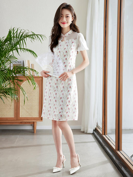 【专属特价】熙世界【烟雨江南】改良版旗袍连衣裙女夏季花苞泡泡袖雪纺碎花裙 商品图0